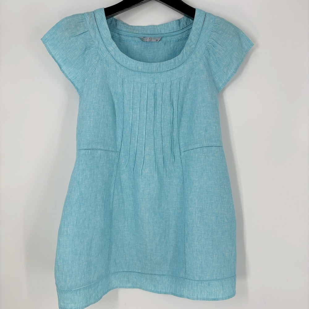 TU Womens Linen Tie Back Top Size 20 Aqua Blue‎ Ladder Stitch Pleats Coastal
